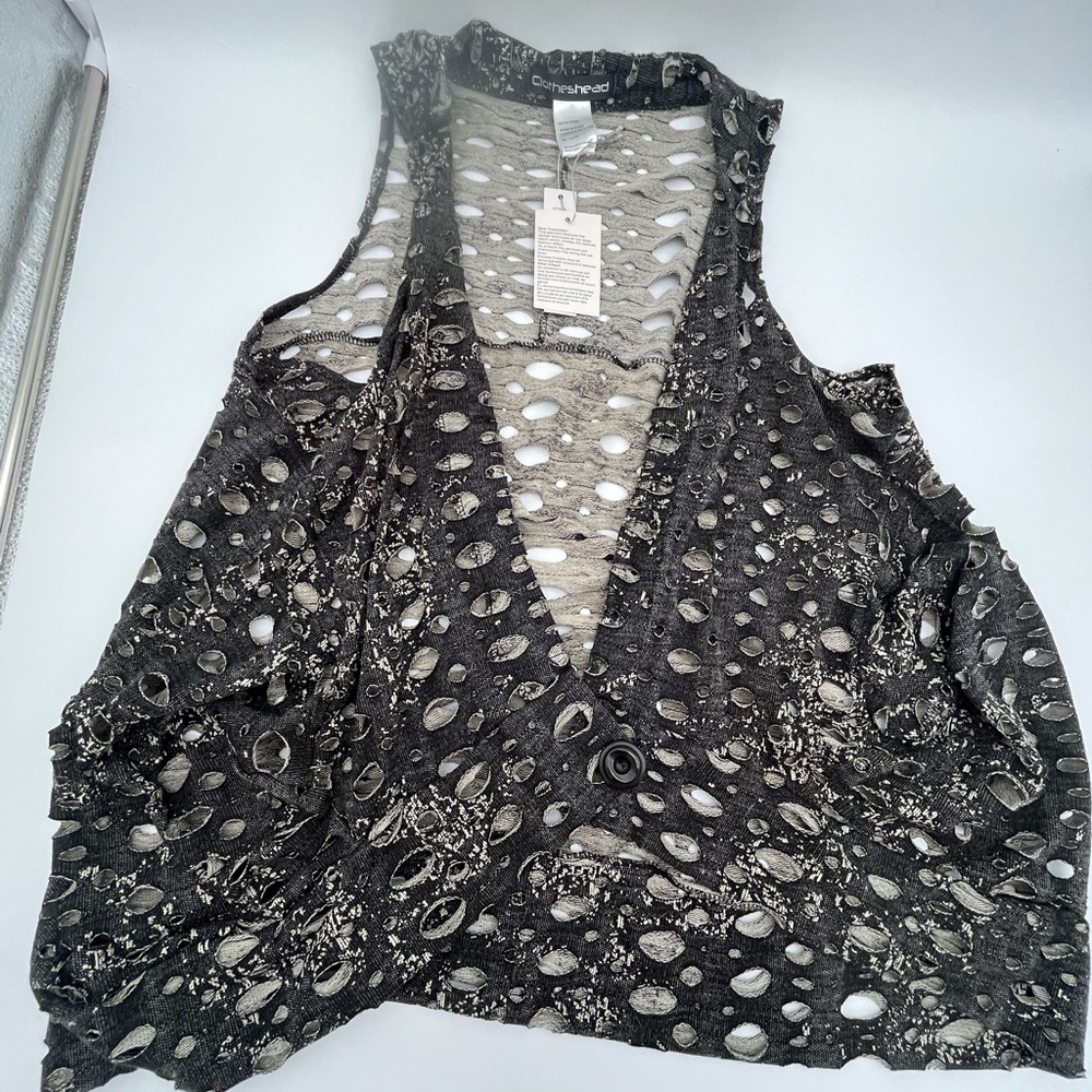 Clotheshead Fishnet Gray black vest button cardigan grunge goth distressed OS